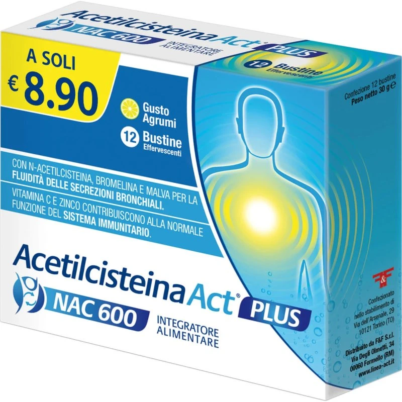 ACT Plus NAC 600 Acetilcisteina con Bromelina e Malva - 12 Bustine