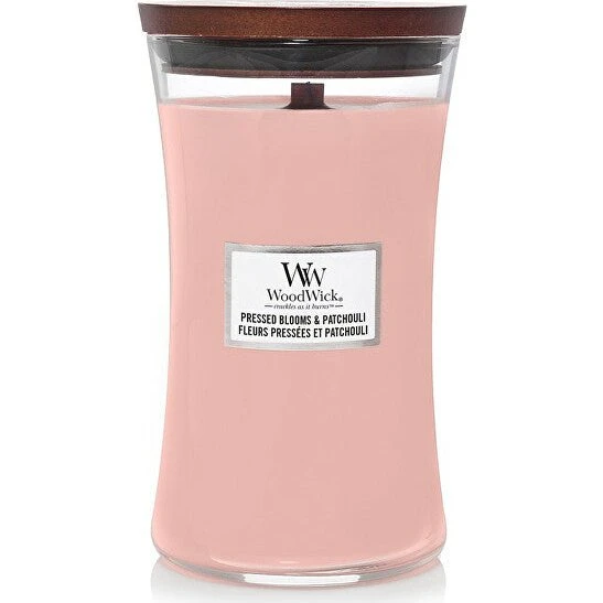 WoodWick Candela Profumata Pressed Blooms & Patchouli con Stoppino in Legno