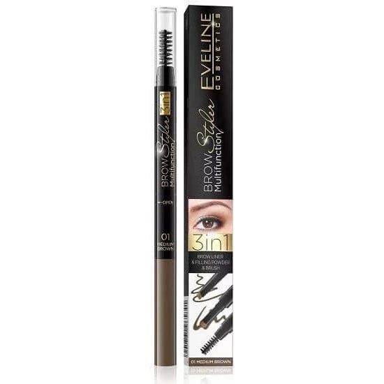 Eveline Cosmetics Matita Sopracciglia 3 in 1 Brow Styler, 01 Castano Medio