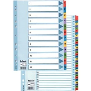 Esselte Divisori A4, Set da 1 a 12 Tasti, Cartone e Poliestere, Colori Assortiti