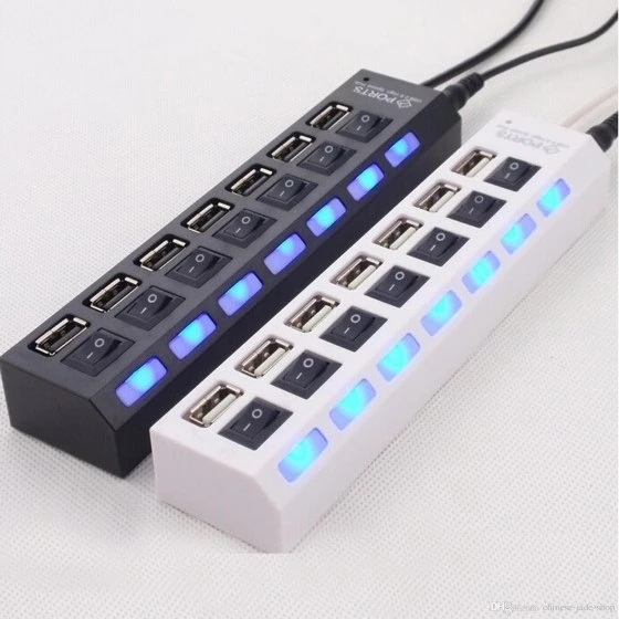 Ciabatta USB Hub 7 Porte 2.0 Nera/Bianca con LED Blu