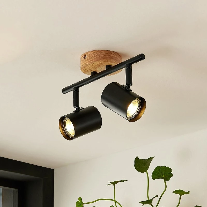 Plafoniera Lindby Xiomara 2 Luci - Nero e Legno Chiaro