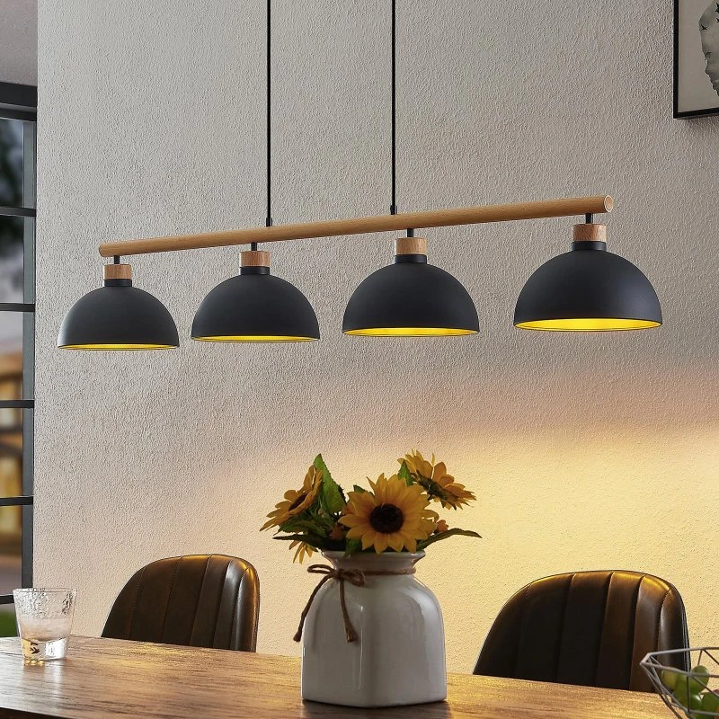 Lindby Lampada a Sospensione Tirzana a 4 Luci, Nero e Legno