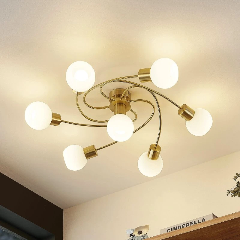 Lindby Ciala 7 Plafoniera in Ottone e Vetro Opalino