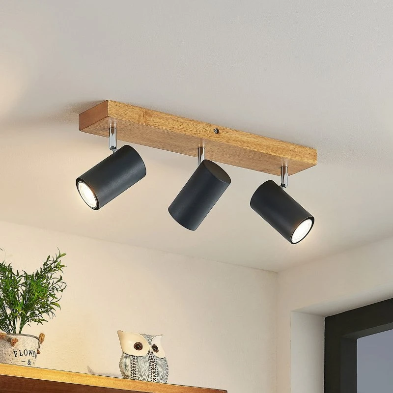 Lindby Maniva 3 Plafoniera Black/Wood - 3 Luci GU10