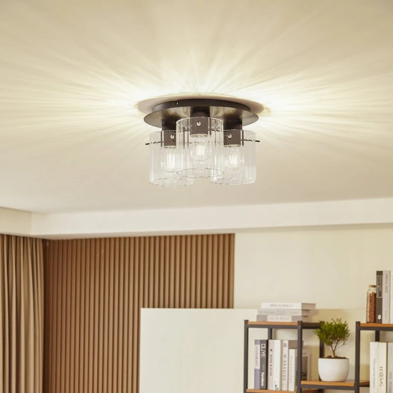 Lucande Eirian 3 Plafoniera Moderna in Metallo e Vetro Nero/Trasparente