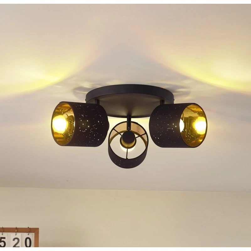 Lindby Plafoniera Vasilia 3 Luci Nero/Oro con Paralume in Tessuto