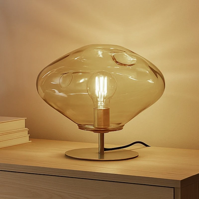 Lindby Lelia Lampada da Tavolo Ø35 Ambra in Vetro e Ottone