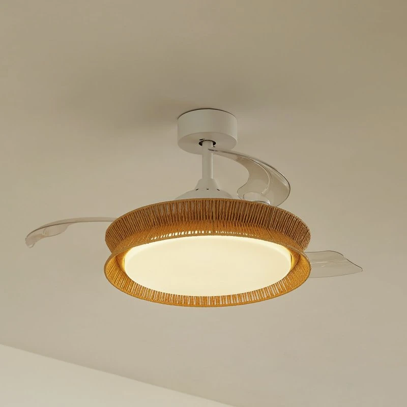 Lucande Ventilatore LED Lineta Bianco e Corda, Ø 103 cm