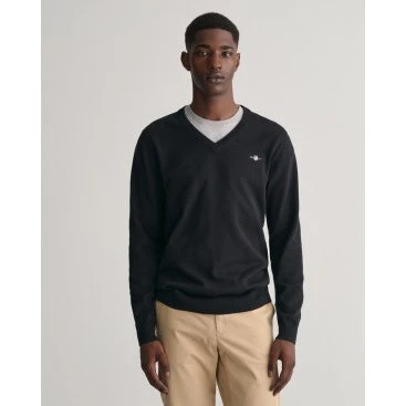 Gant Maglione Classico in Cotone con Scollo a V Nero, Taglia L