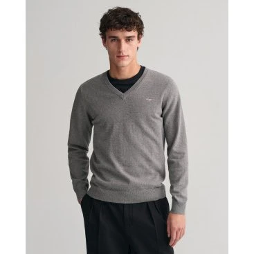Gant Maglione Uomo con Scollo a V in Cotone Grigio - S